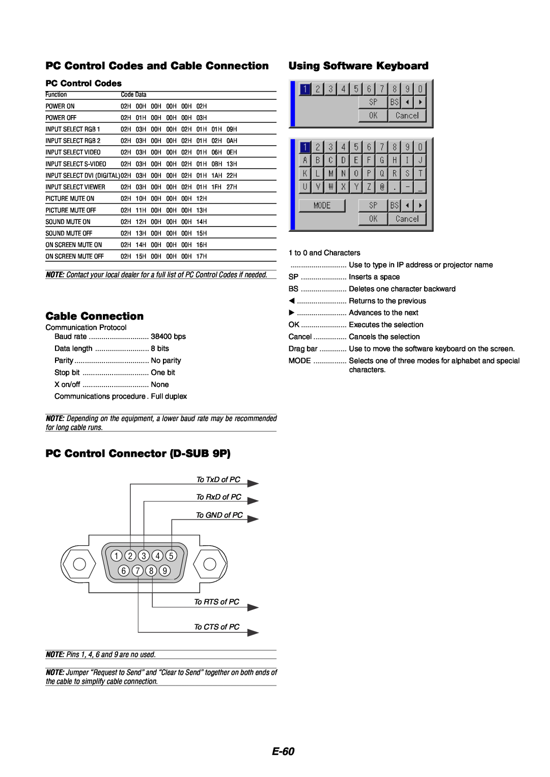 NEC MT1060 user manual PC Control Codes and Cable Connection, PC Control Connector D-SUB9P, Using Software Keyboard, E-60 