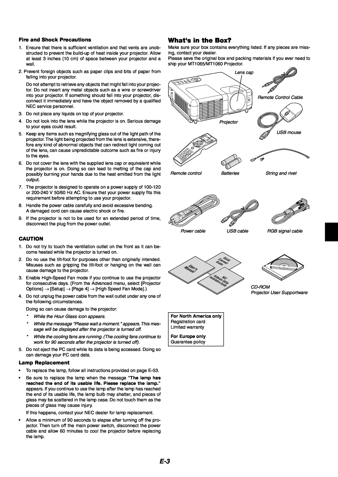 NEC MT1060 user manual Whats in the Box?, Fire and Shock Precautions, Lamp Replacement 