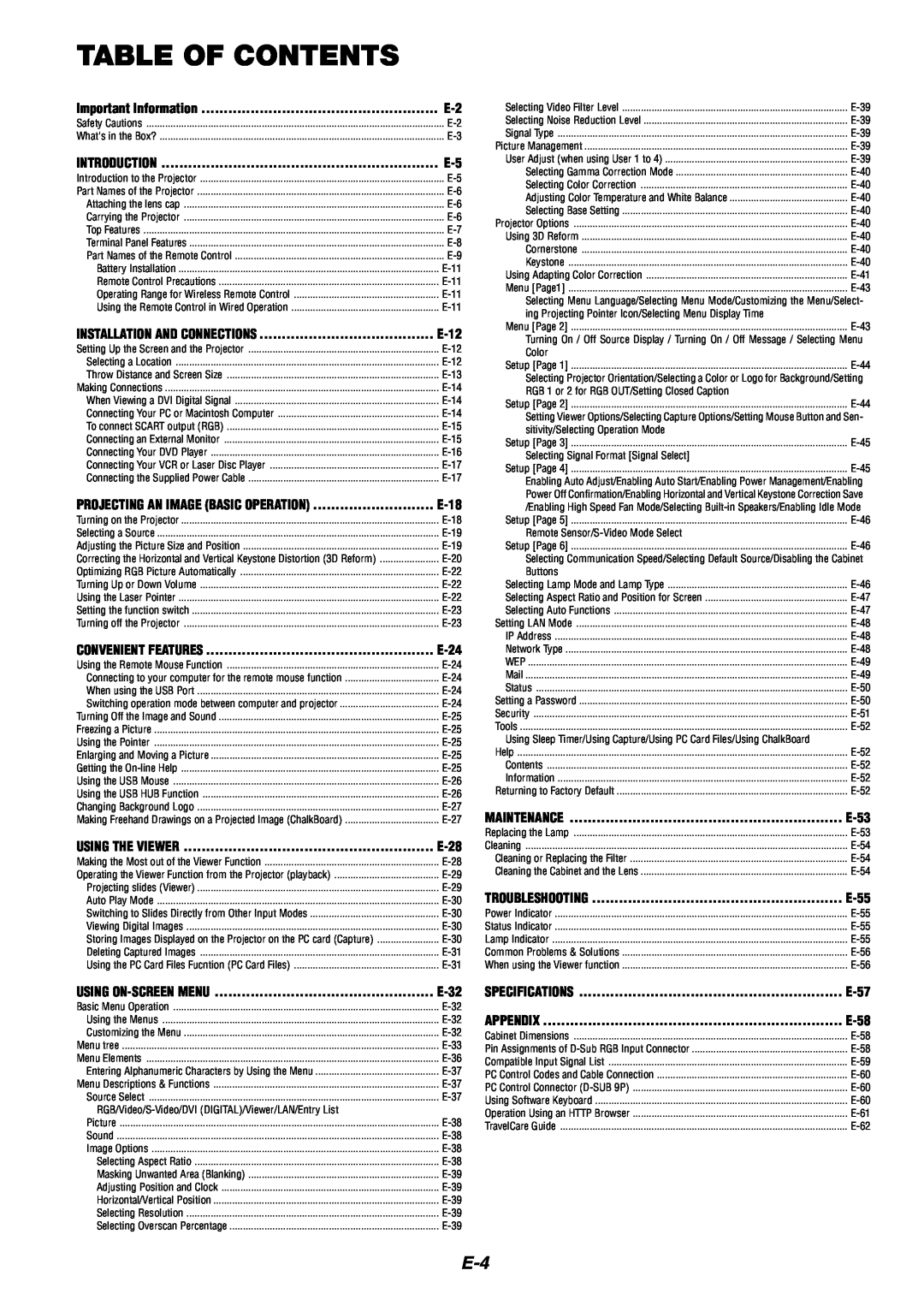 NEC MT1060 Table Of Contents, Important Information, Introduction, Using The Viewer, Maintenance, Specifications, Appendix 