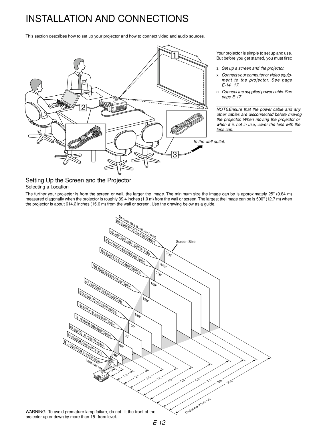 NEC MT1060 user manual Installation and Connections, Setting Up the Screen and the Projector, Selecting a Location 