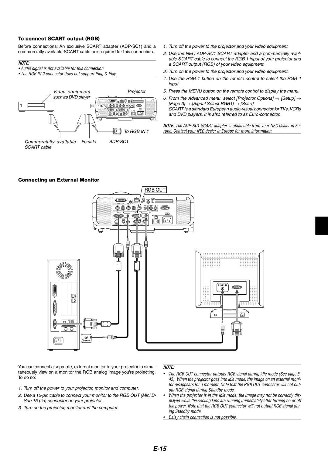 NEC MT1060 user manual To connect Scart output RGB, Connecting an External Monitor 