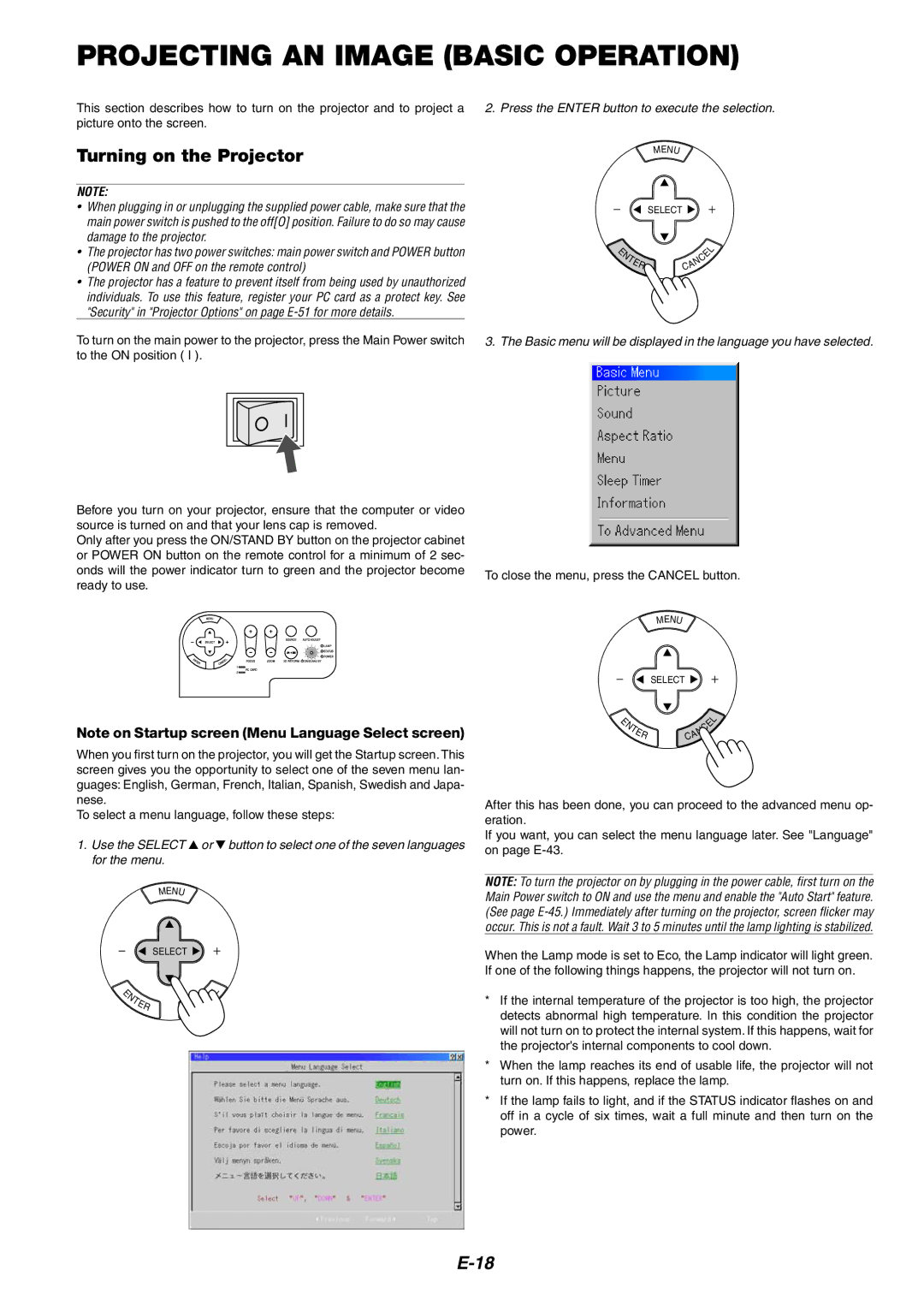 NEC MT1060 user manual Projecting AN Image Basic Operation, Turning on the Projector 