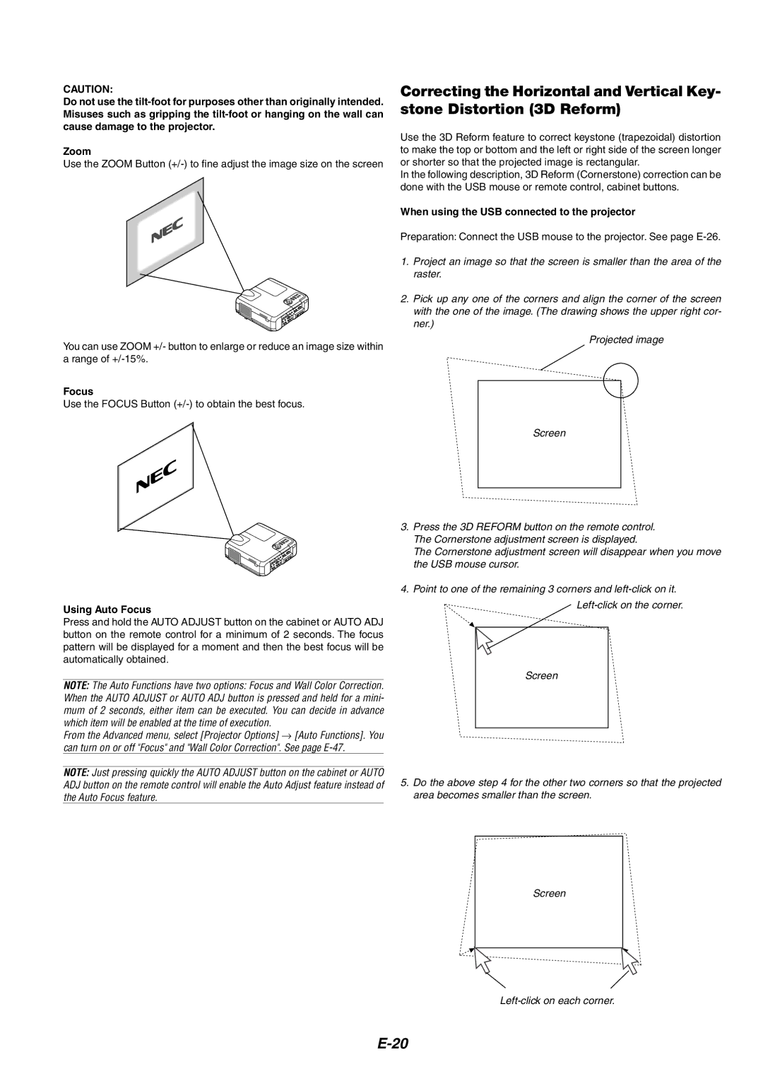 NEC MT1060 user manual Use the Focus Button +/- to obtain the best focus, When using the USB connected to the projector 