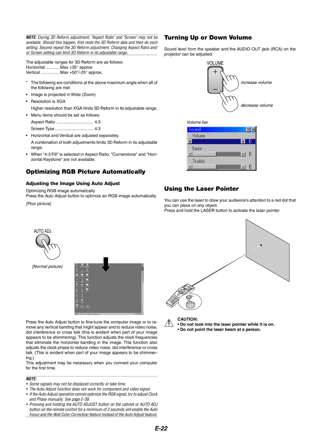 NEC MT1060 user manual Optimizing RGB Picture Automatically, Turning Up or Down Volume, Using the Laser Pointer 