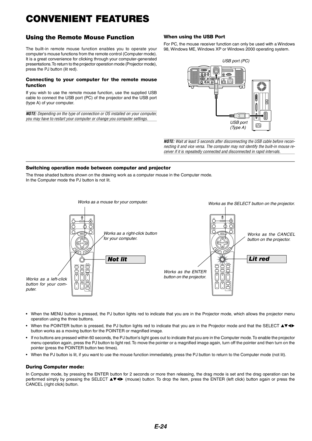 NEC MT1060 user manual Convenient Features, Using the Remote Mouse Function 