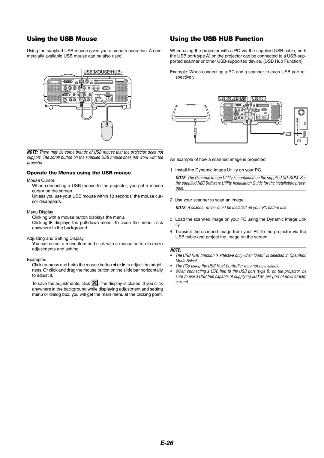 NEC MT1060 user manual Using the USB Mouse Using the USB HUB Function, Operate the Menus using the USB mouse 