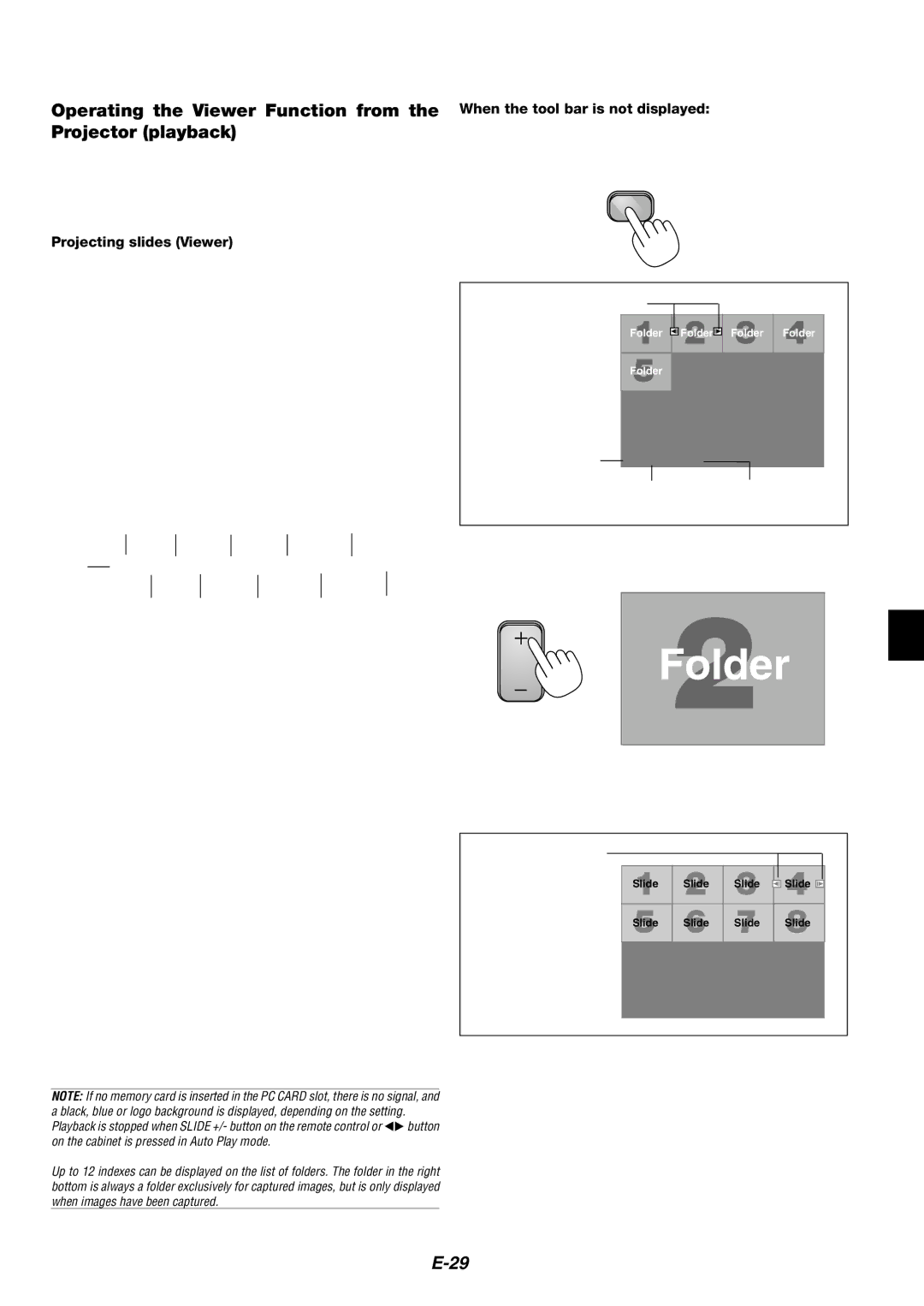 NEC MT1060 user manual Operating the Viewer Function from the Projector playback, Projecting slides Viewer 