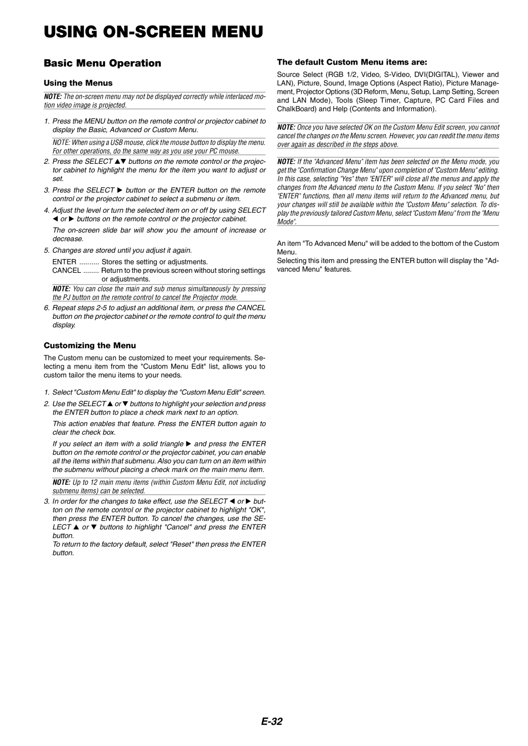 NEC MT1060 user manual Using ON-SCREEN Menu, Basic Menu Operation, Using the Menus, Customizing the Menu 