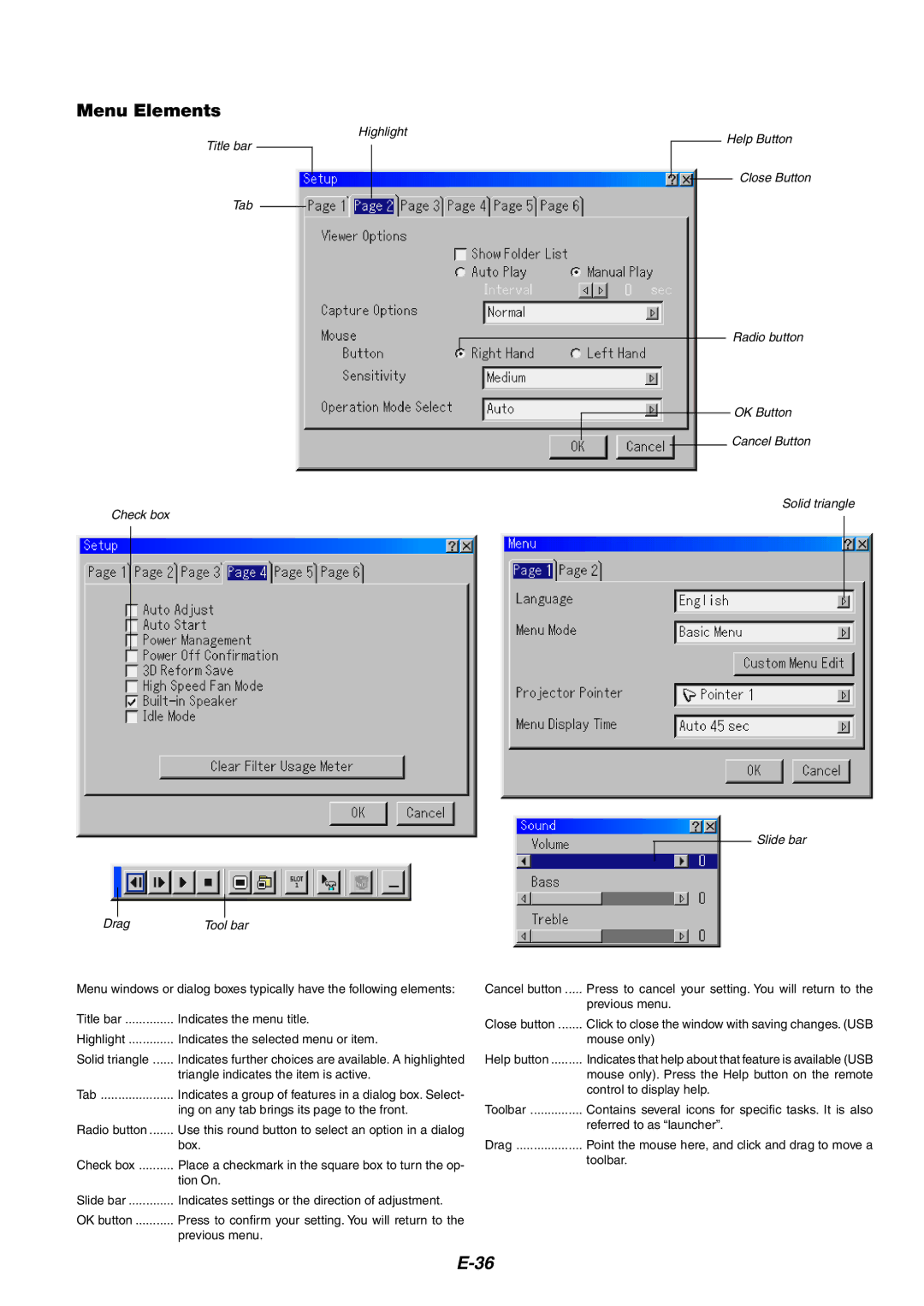 NEC MT1060 user manual Menu Elements 