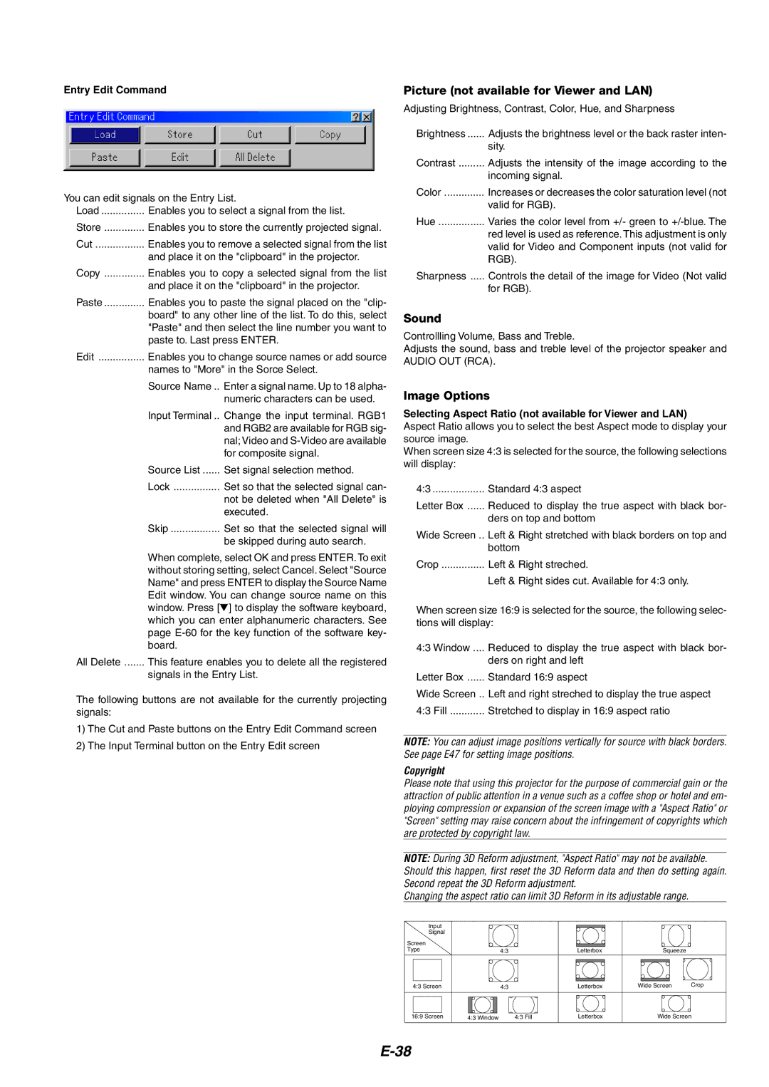 NEC MT1060 user manual Picture not available for Viewer and LAN, Sound, Image Options, Entry Edit Command 