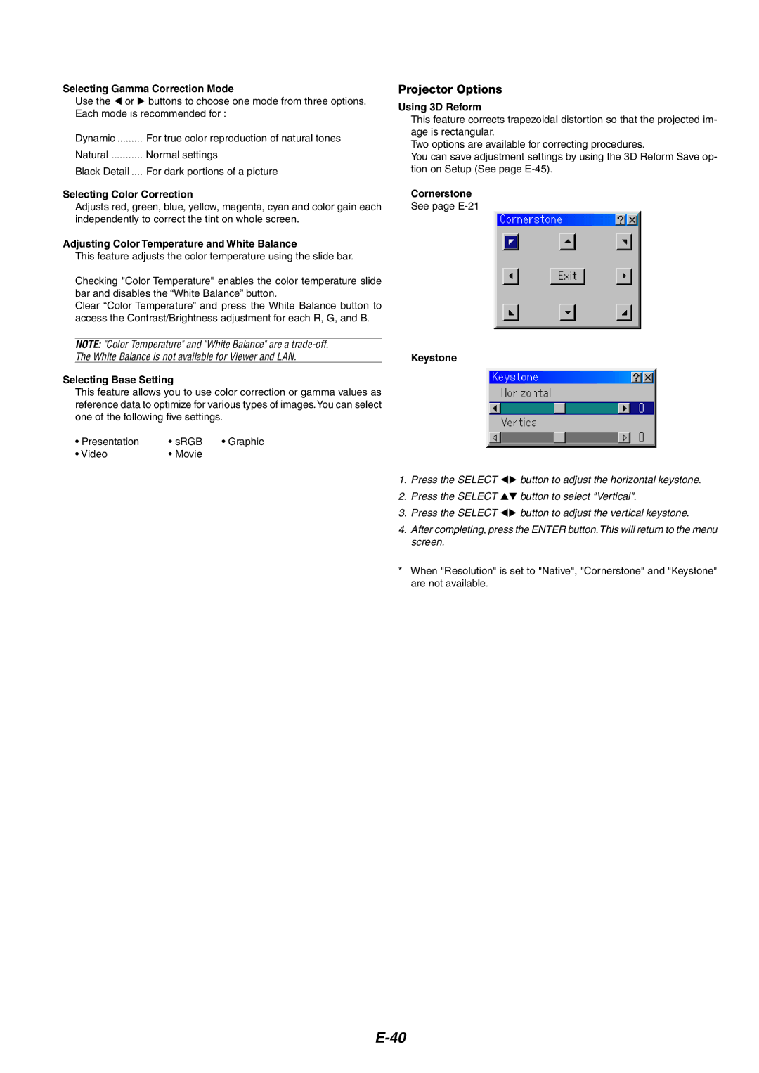 NEC MT1060 user manual Projector Options 