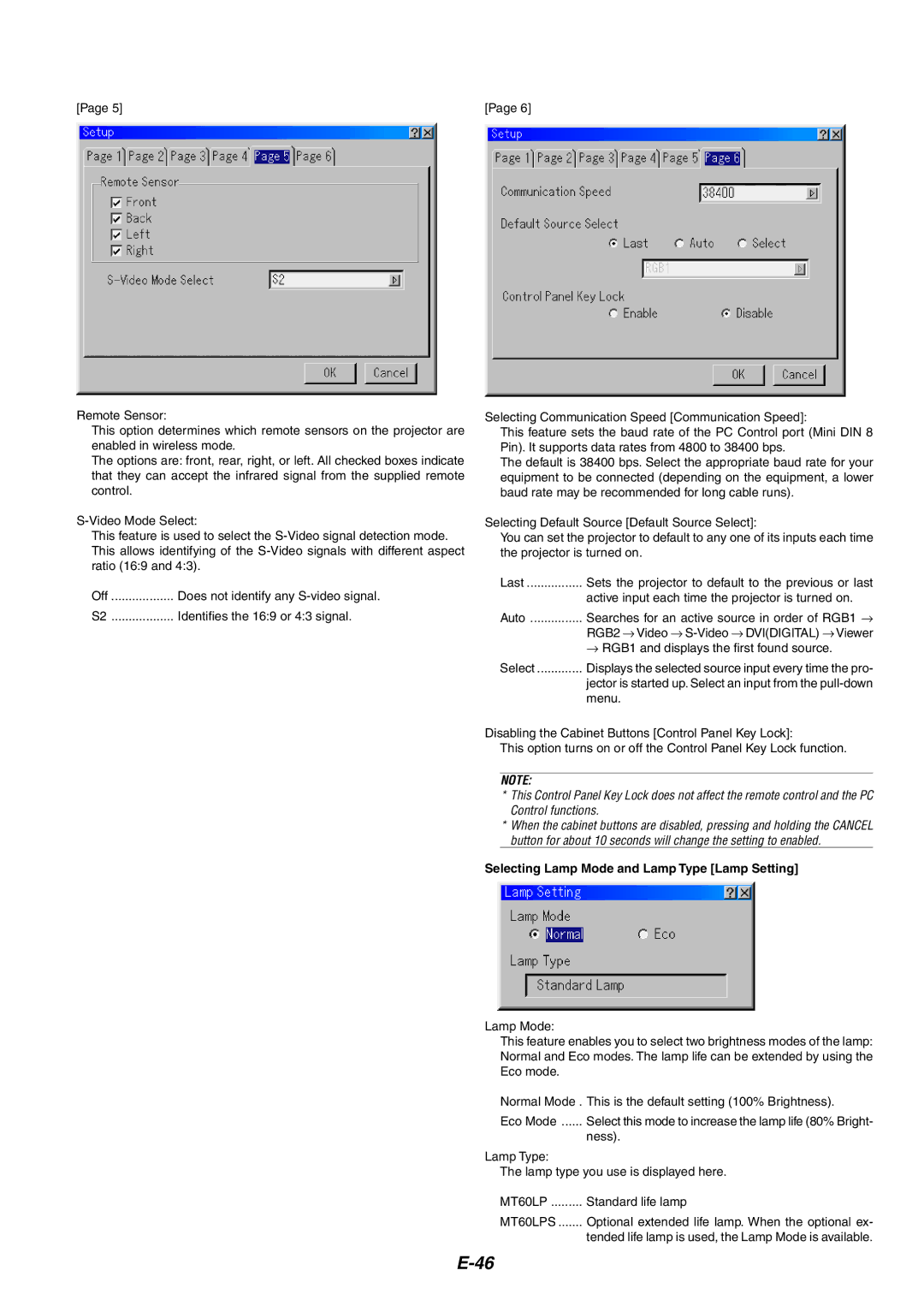 NEC MT1060 user manual Selecting Lamp Mode and Lamp Type Lamp Setting 