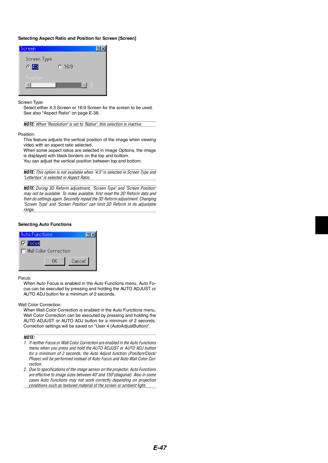 NEC MT1060 user manual Selecting Aspect Ratio and Position for Screen Screen, Selecting Auto Functions 