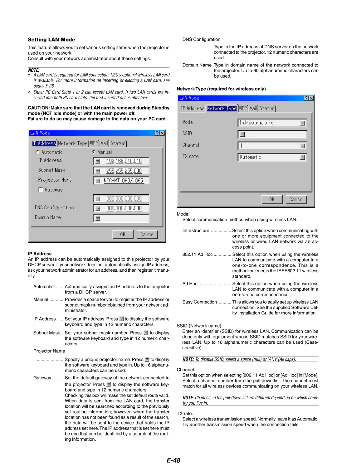 NEC MT1060 user manual Setting LAN Mode, Network Type required for wireless only 