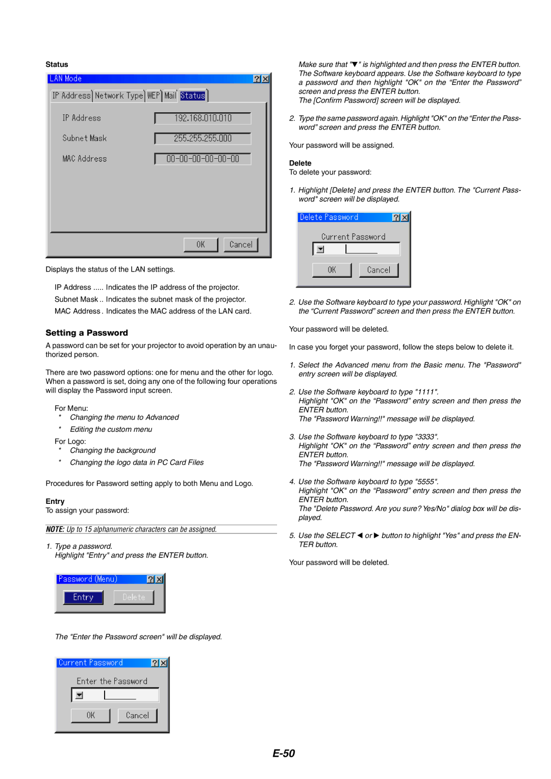 NEC MT1060 user manual Setting a Password, Status, Entry, Delete 