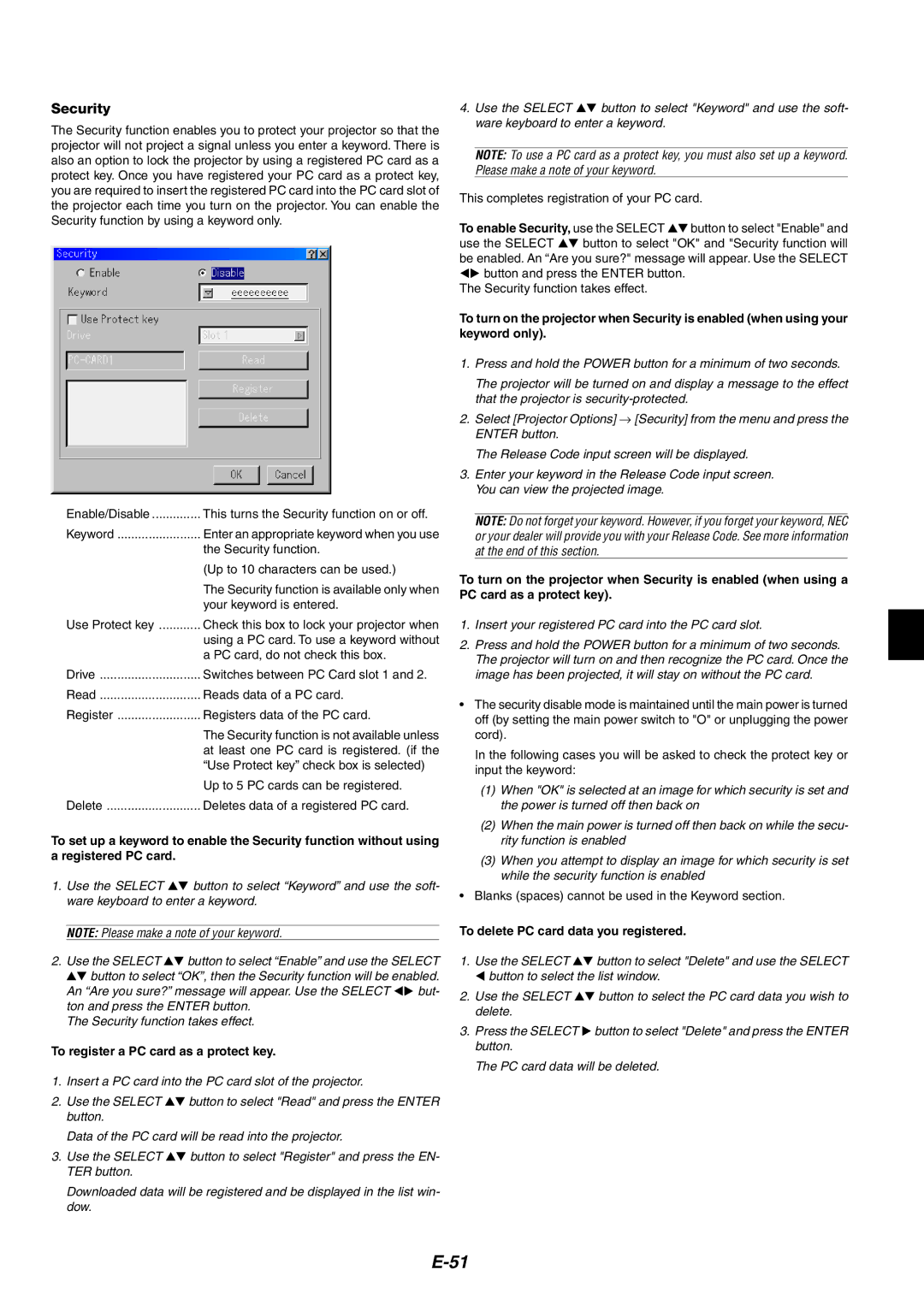 NEC MT1060 user manual To enable Security, use the Select, To delete PC card data you registered 