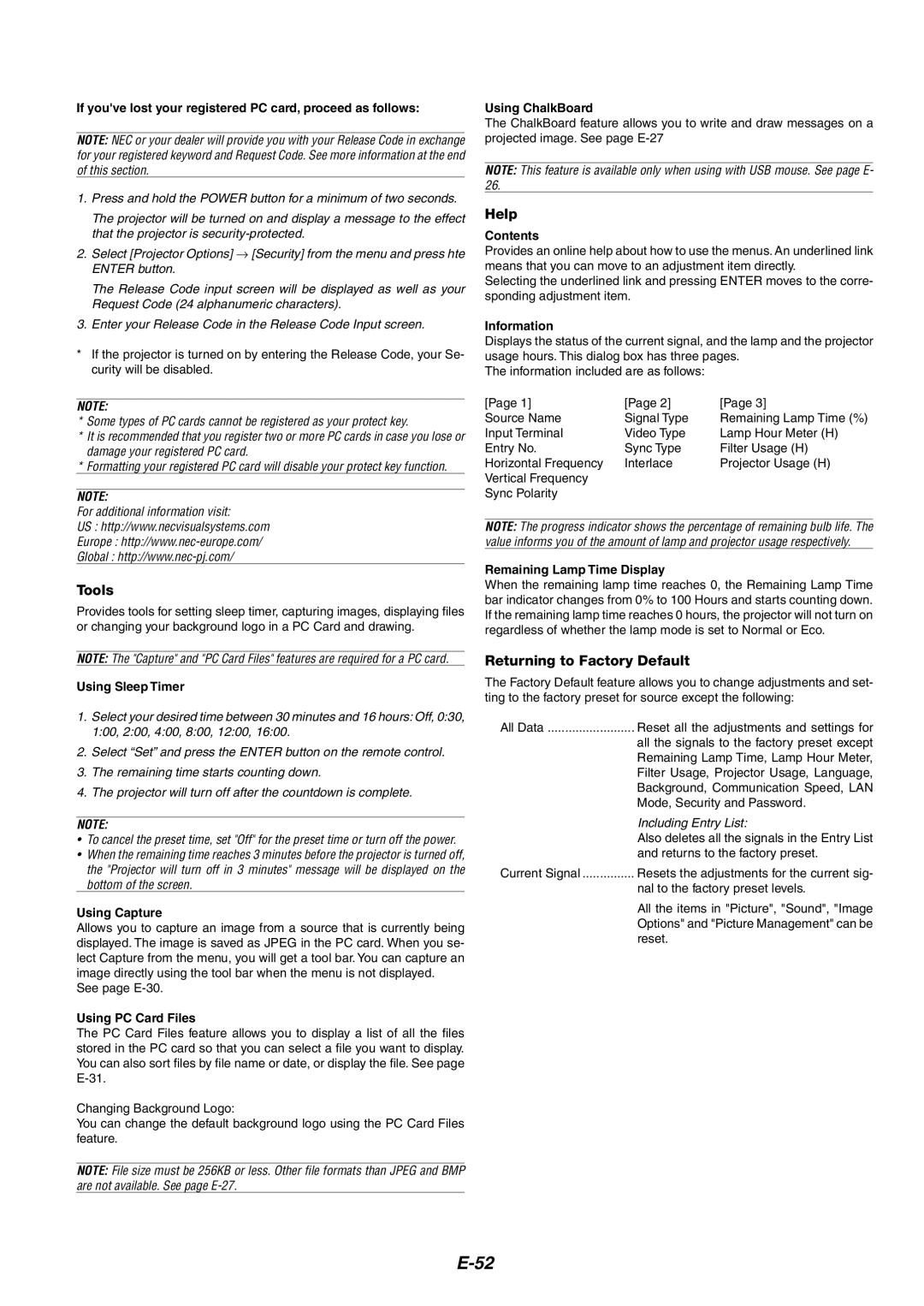 NEC MT1060 user manual Tools, Help, Returning to Factory Default 