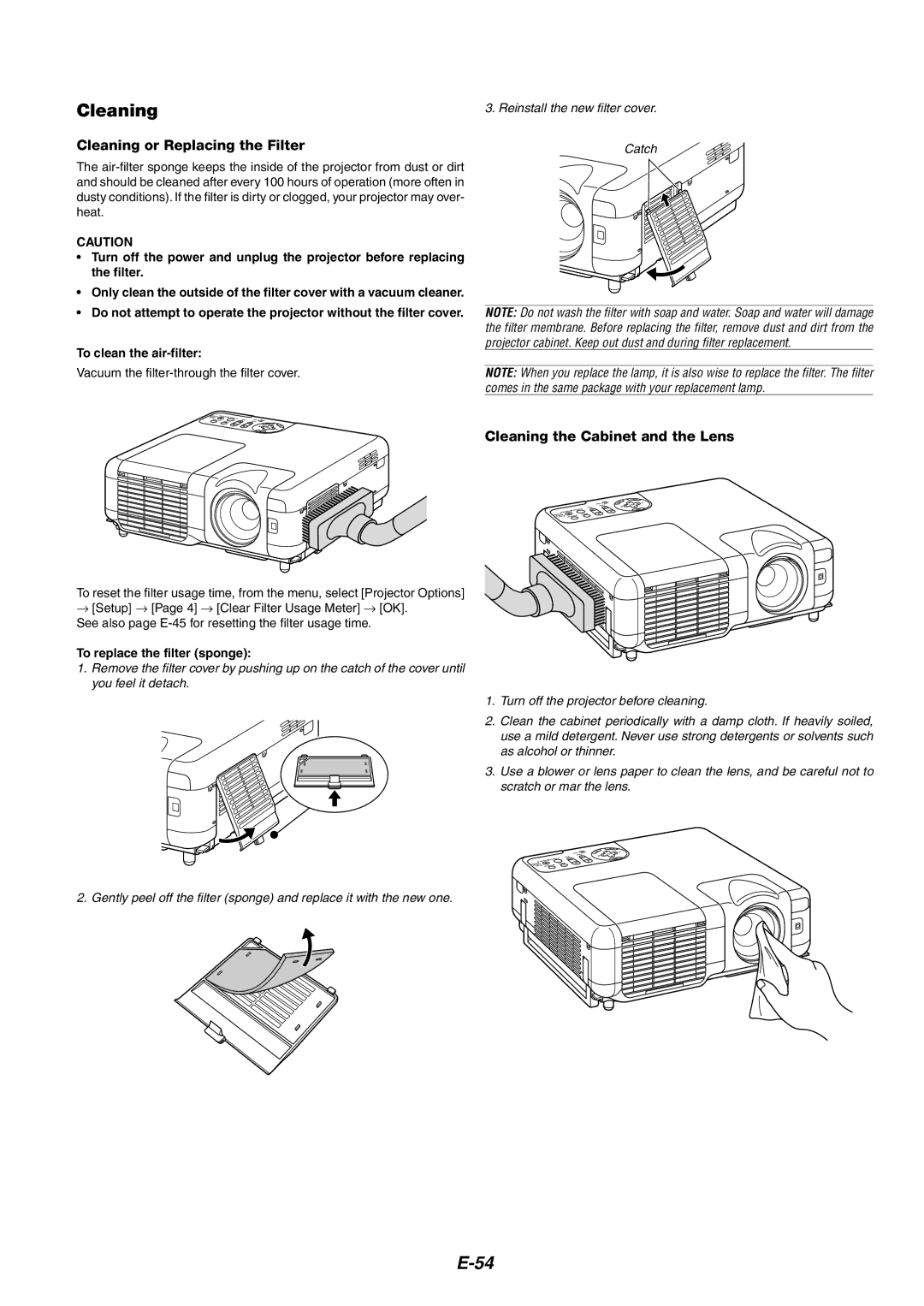 NEC MT1060 Cleaning or Replacing the Filter, Cleaning the Cabinet and the Lens, To replace the filter sponge 