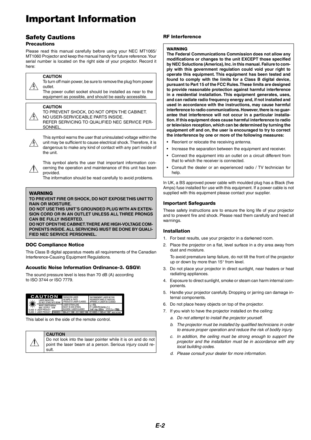 NEC MT1060 user manual Safety Cautions 