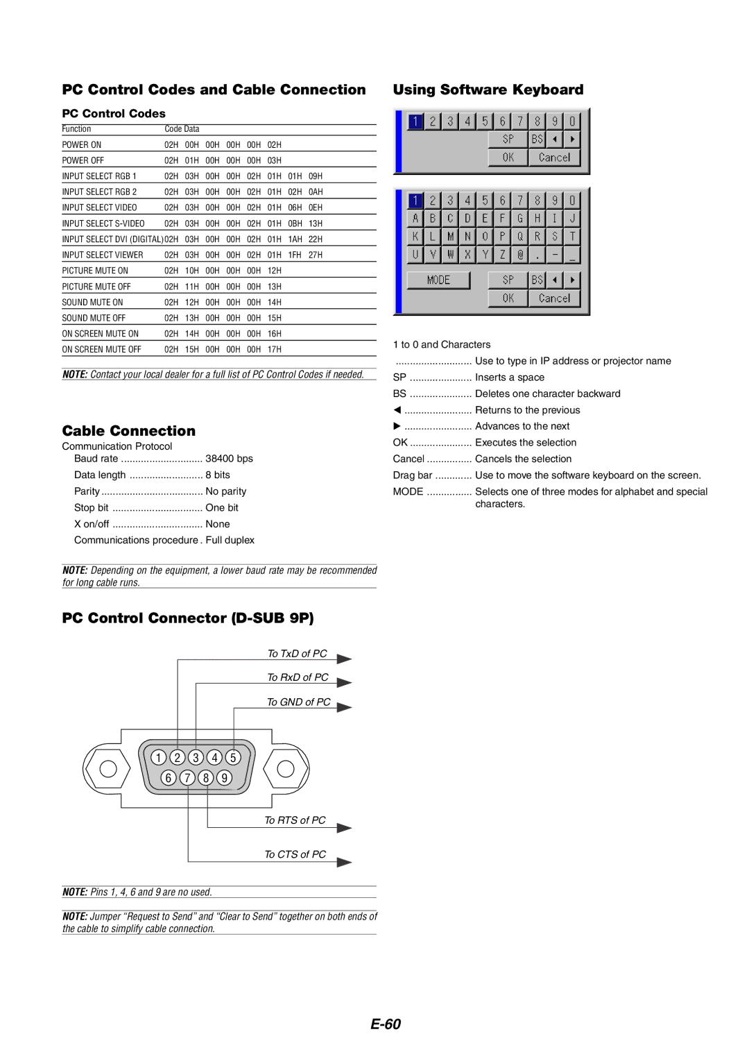 NEC MT1060 user manual PC Control Codes and Cable Connection, PC Control Connector D-SUB 9P, Using Software Keyboard 