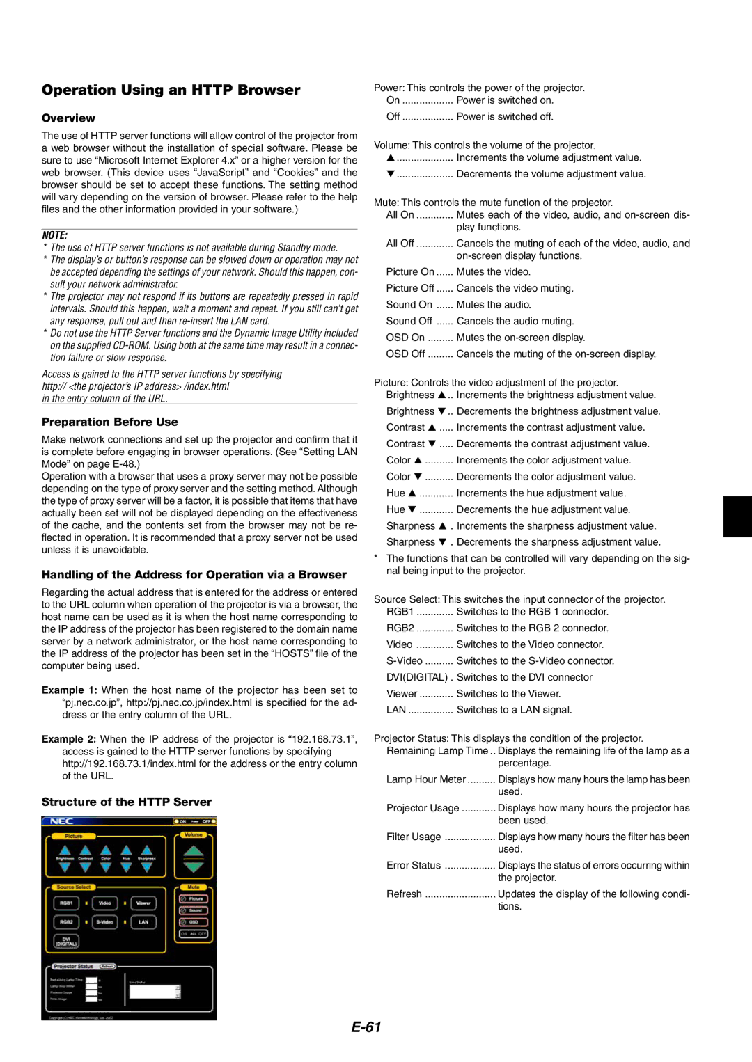 NEC MT1060 user manual Operation Using an Http Browser, Overview, Preparation Before Use, Structure of the Http Server 