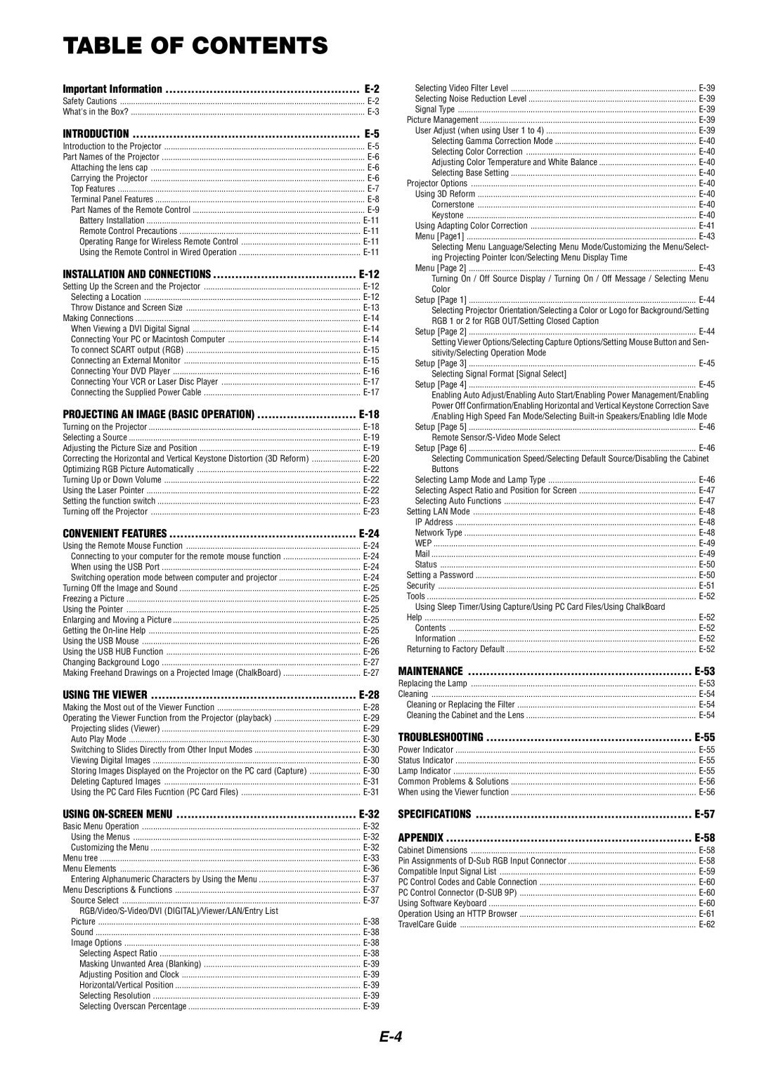 NEC MT1060 user manual Table of Contents 