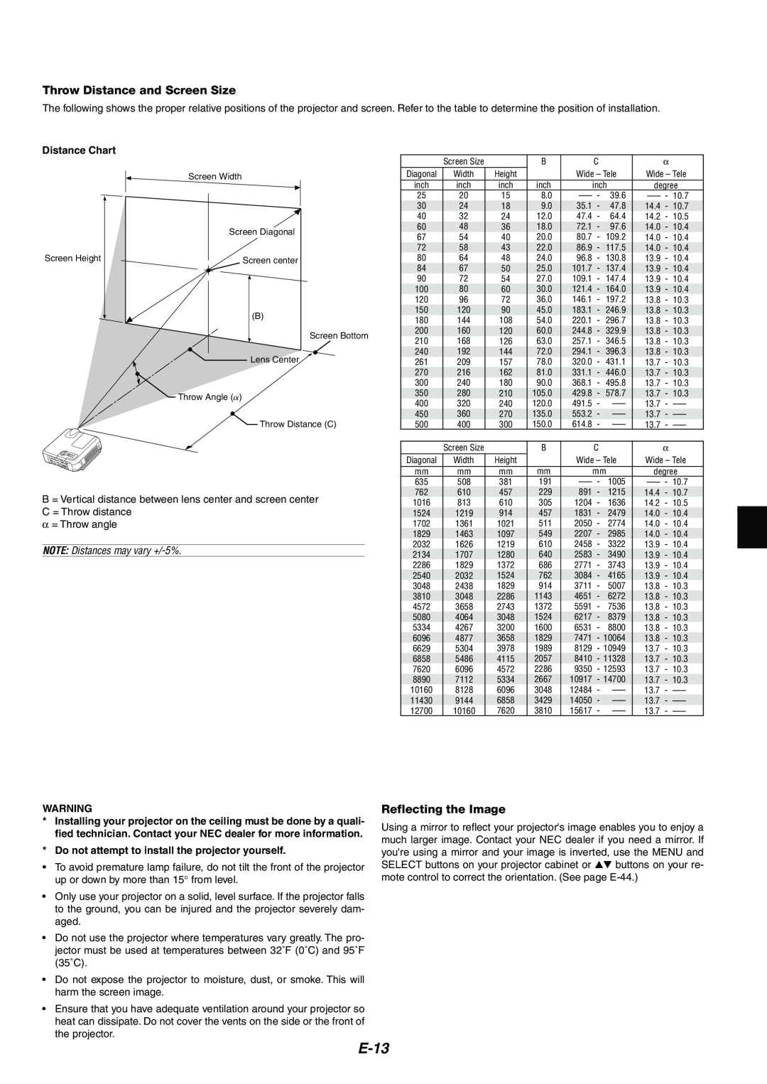 NEC MT1065/MT1060 user manual E-13, Throw Distance and Screen Size, Reflecting the Image, Distance Chart 