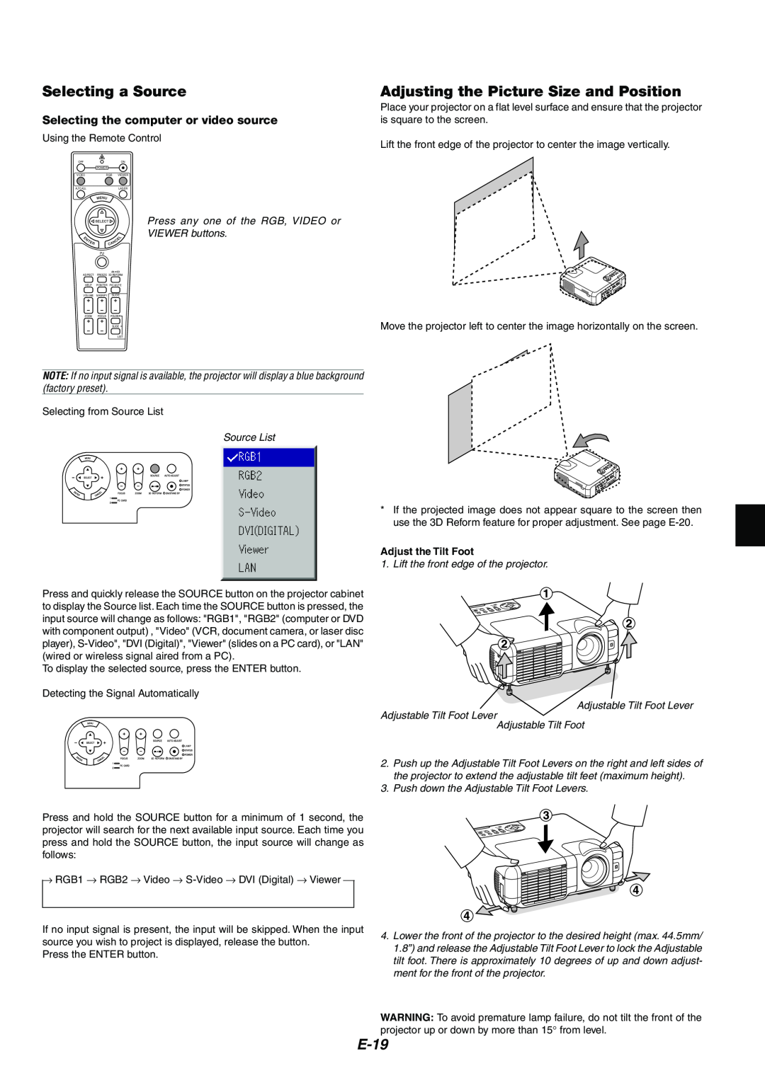 NEC MT1065/MT1060 user manual Selecting a Source, Adjusting the Picture Size and Position, E-19, Adjust the Tilt Foot 