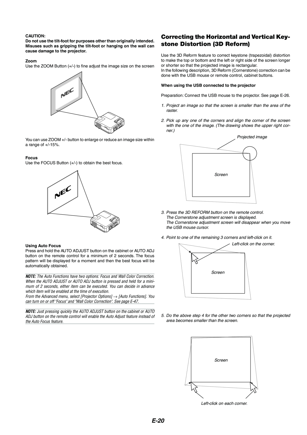 NEC MT1065/MT1060 user manual E-20, Zoom, When using the USB connected to the projector, Using Auto Focus 