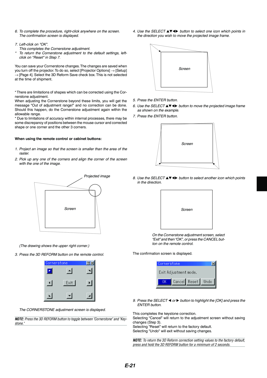 NEC MT1065/MT1060 user manual E-21, When using the remote control or cabinet buttons 