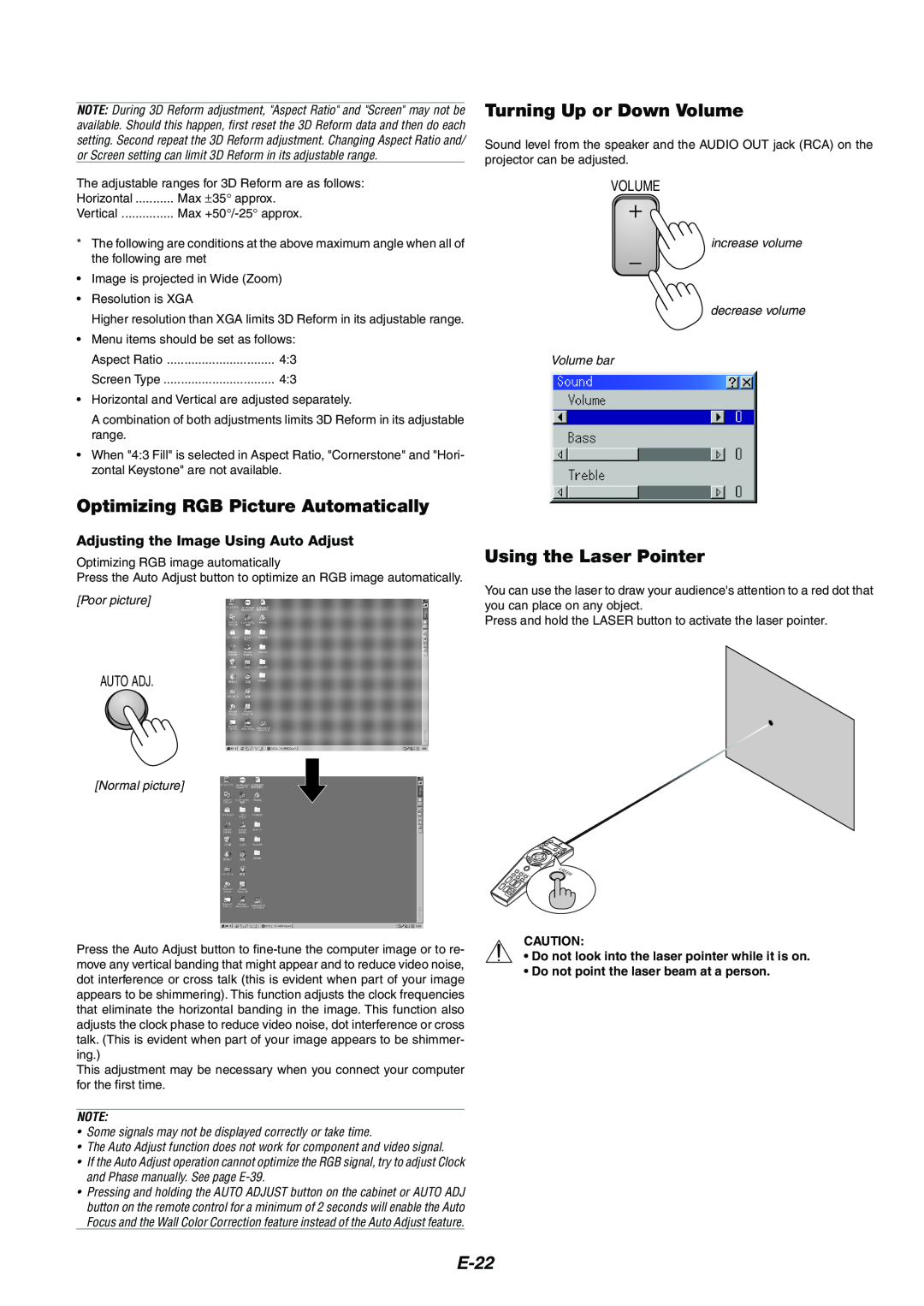 NEC MT1065/MT1060 Optimizing RGB Picture Automatically, Turning Up or Down Volume, Using the Laser Pointer, E-22 