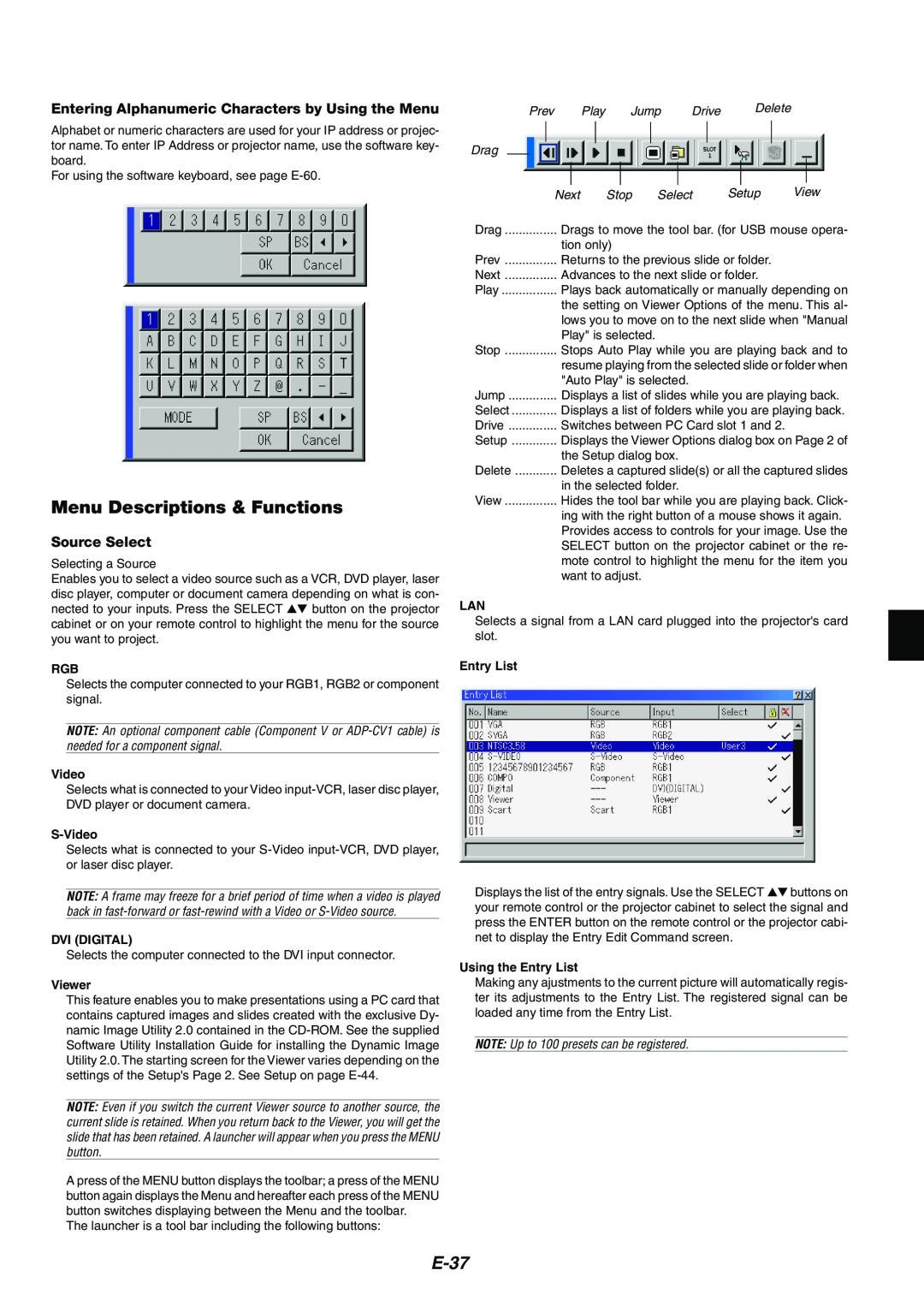 NEC MT1065/MT1060 Menu Descriptions & Functions, E-37, Entering Alphanumeric Characters by Using the Menu, Source Select 