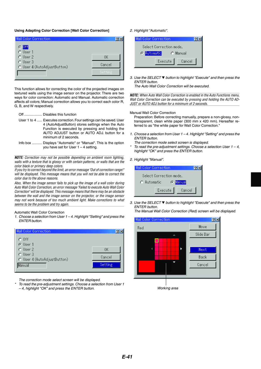 NEC MT1065/MT1060 user manual E-41, Using Adapting Color Correction Wall Color Correction 