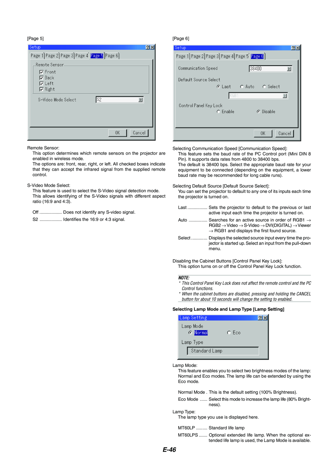 NEC MT1065/MT1060 user manual E-46, Selecting Lamp Mode and Lamp Type Lamp Setting 