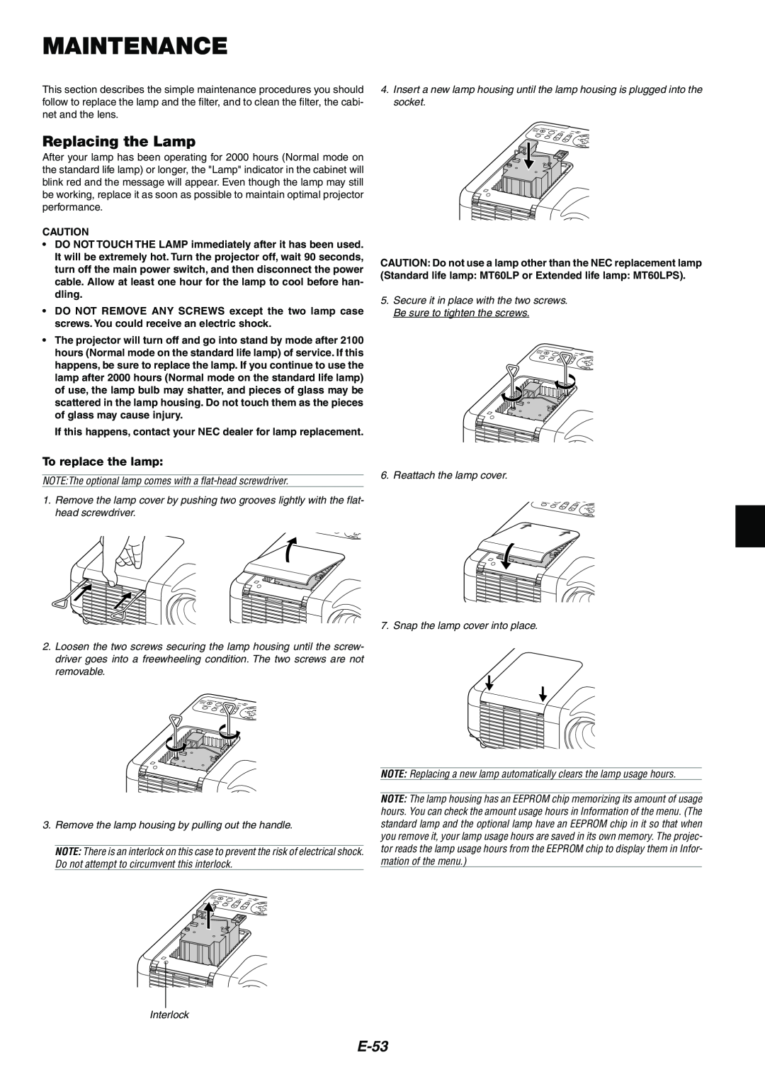 NEC MT1065/MT1060 user manual Maintenance, Replacing the Lamp, E-53, To replace the lamp 