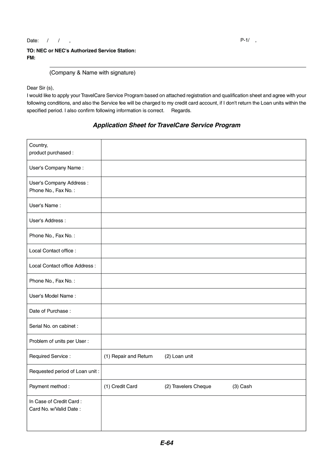 NEC MT1065/MT1060 user manual Application Sheet for TravelCare Service Program, E-64, Company & Name with signature 