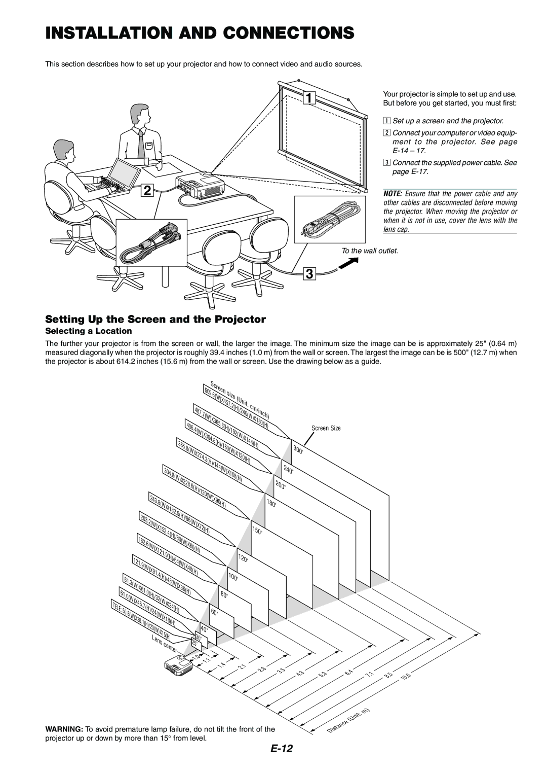 NEC MT1065/MT1060 user manual Installation and Connections, Setting Up the Screen and the Projector, Selecting a Location 