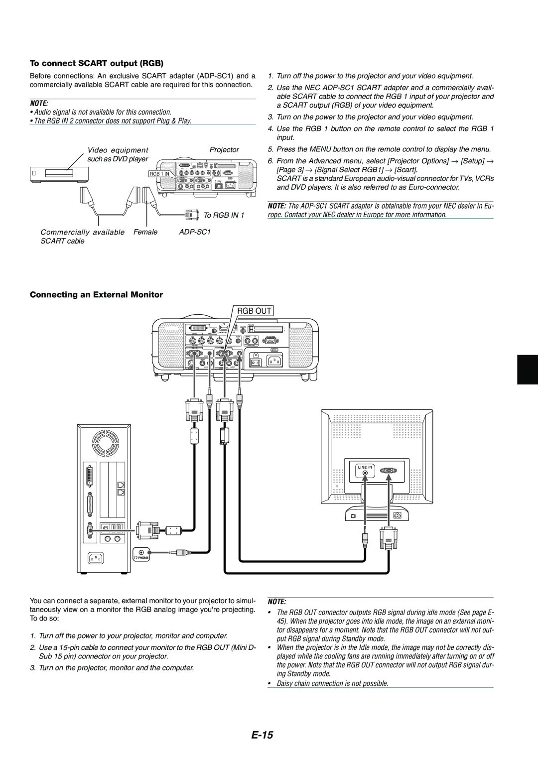 NEC MT1065/MT1060 user manual To connect Scart output RGB, Connecting an External Monitor 