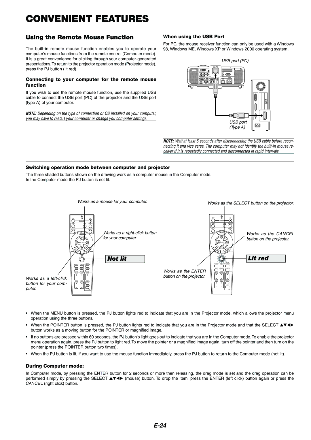 NEC MT1065/MT1060 user manual Convenient Features, Using the Remote Mouse Function 