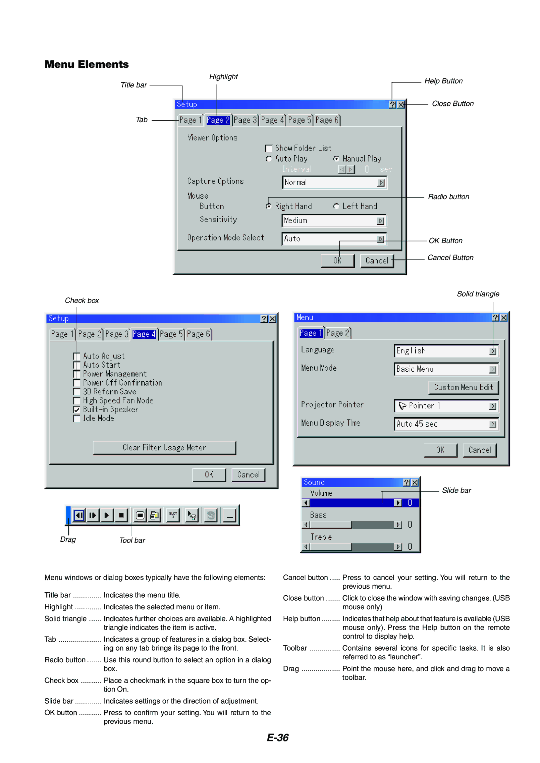 NEC MT1065/MT1060 user manual Menu Elements 