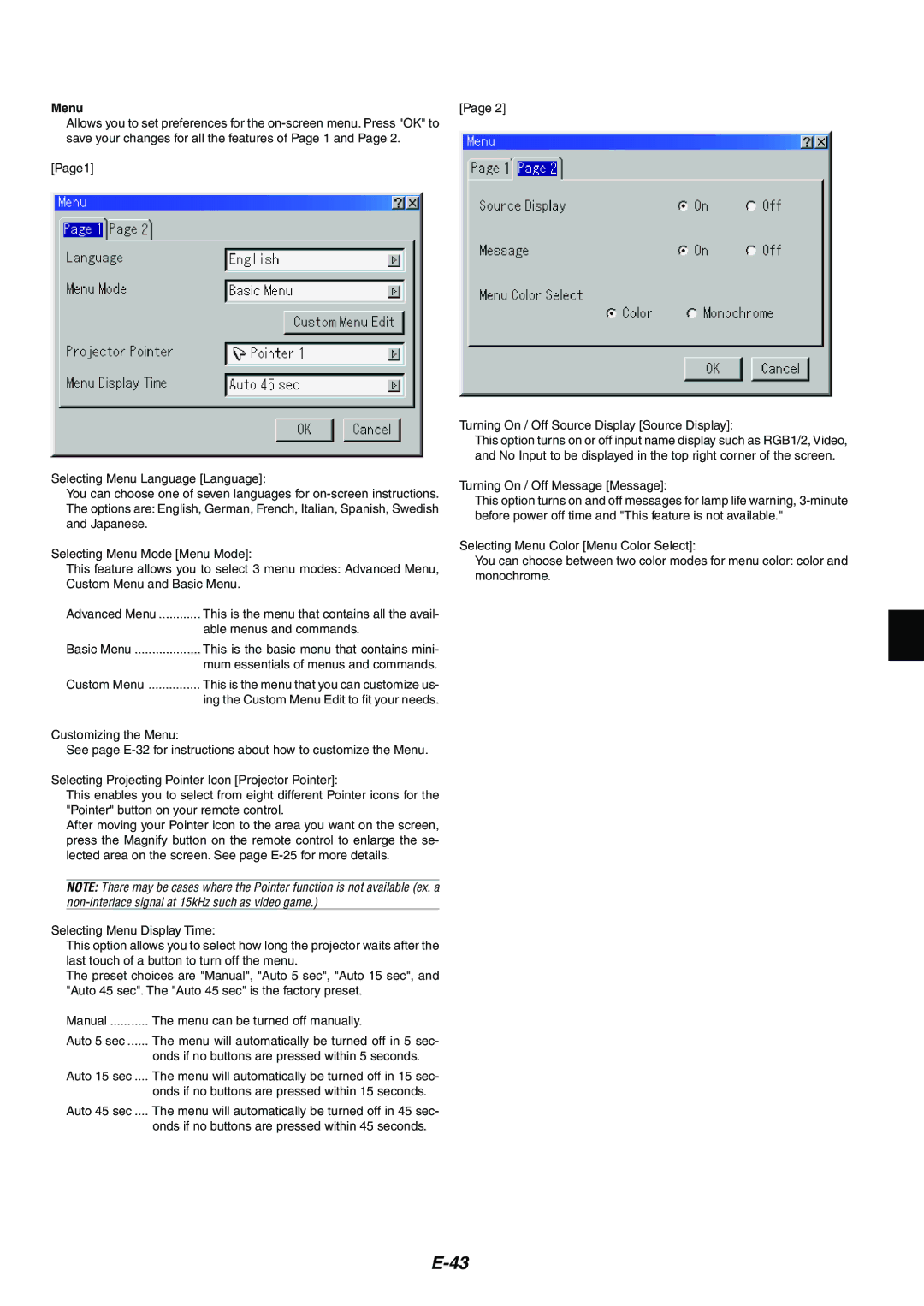 NEC MT1065/MT1060 user manual Menu 