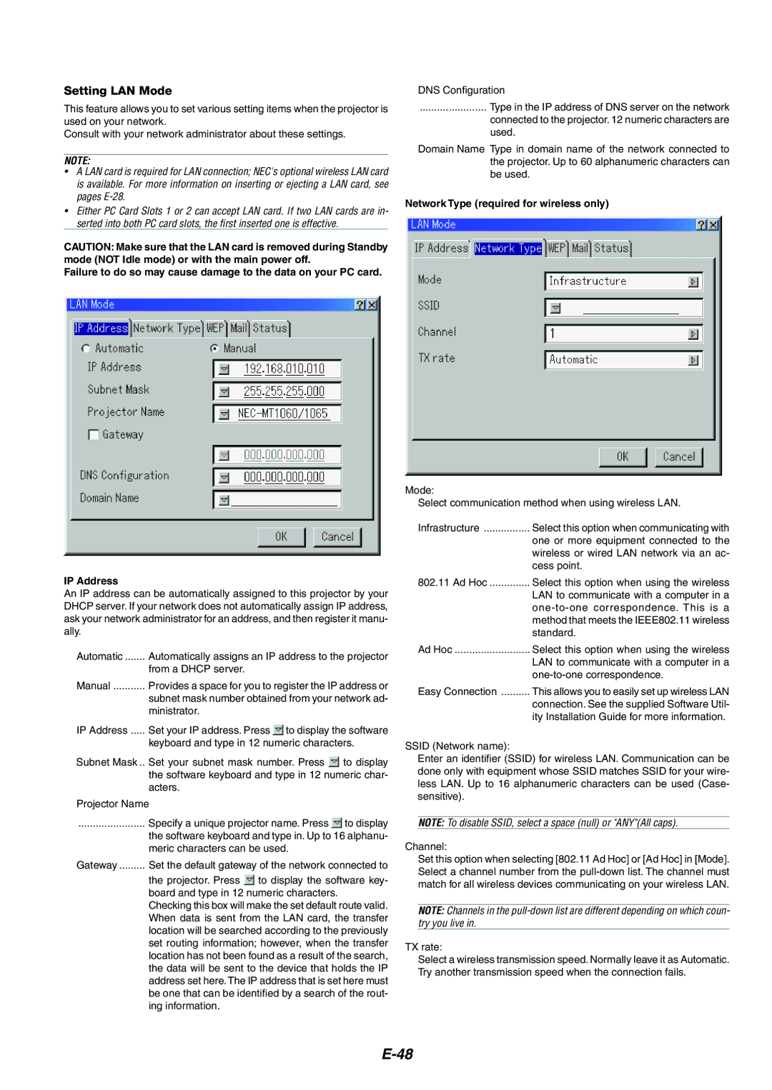 NEC MT1065/MT1060 user manual Setting LAN Mode, Network Type required for wireless only 