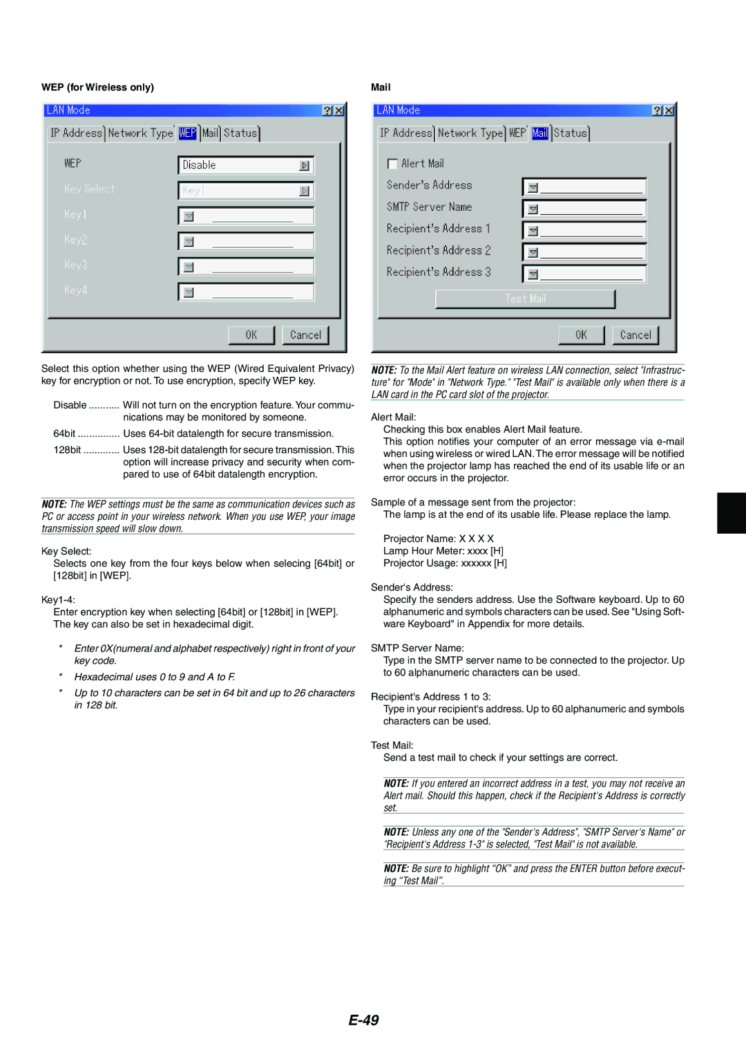 NEC MT1065/MT1060 user manual WEP for Wireless only, Nications may be monitored by someone, Mail 