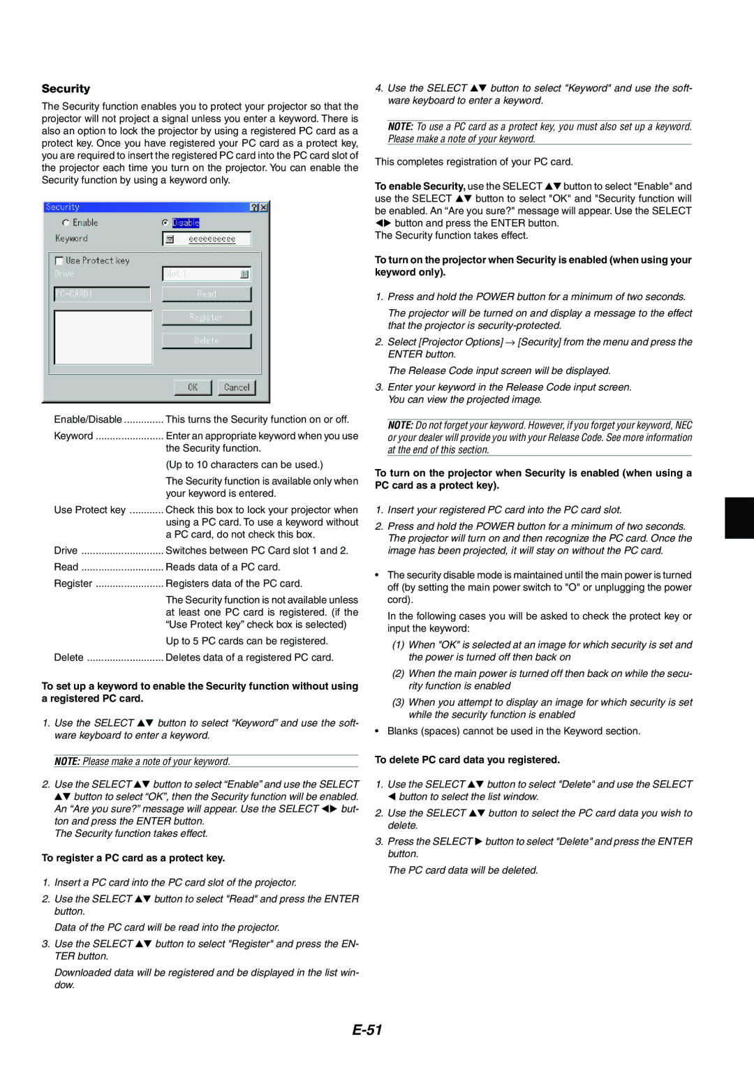 NEC MT1065/MT1060 user manual To enable Security, use the Select, To delete PC card data you registered 