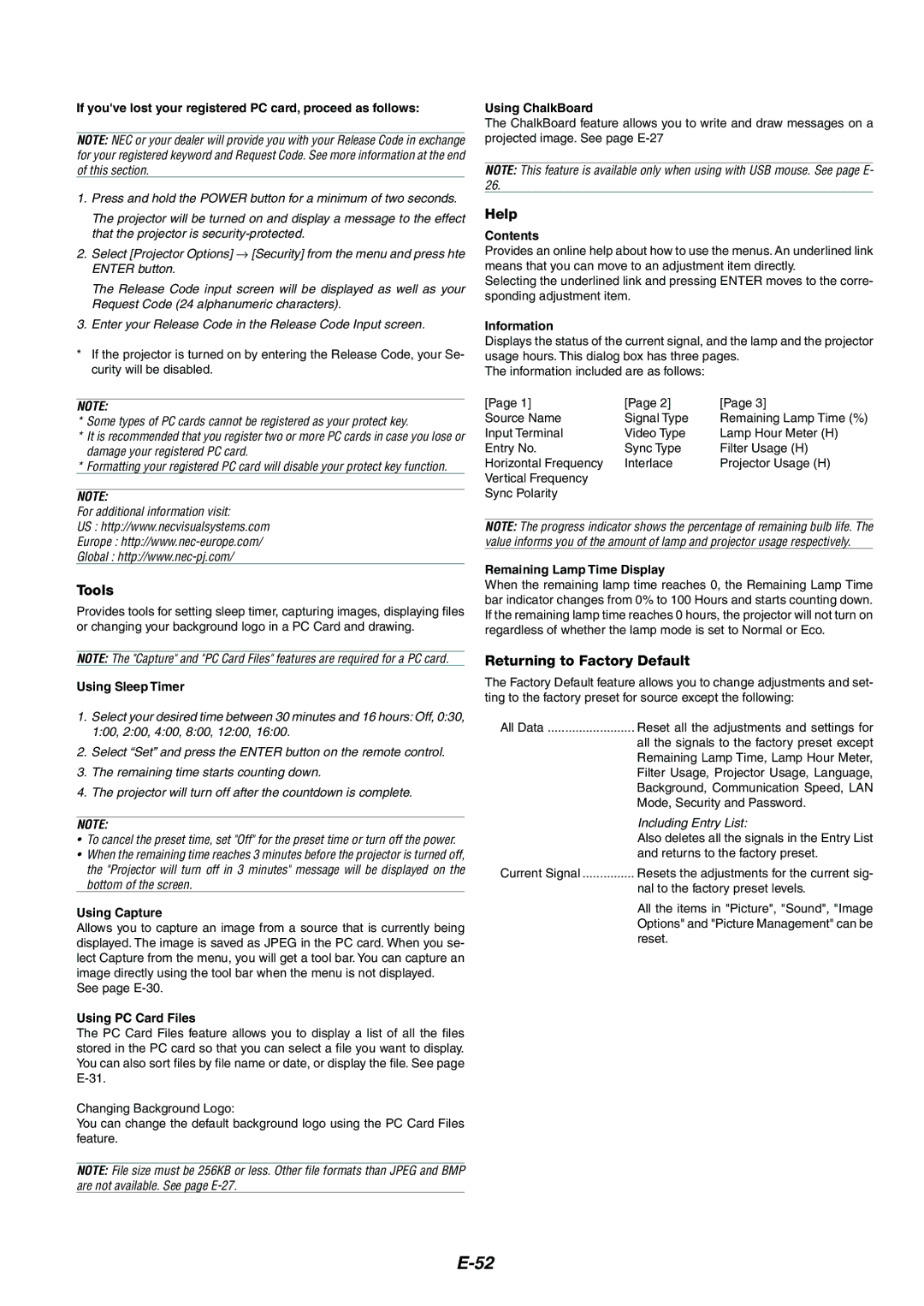 NEC MT1065/MT1060 user manual Tools, Help, Returning to Factory Default 