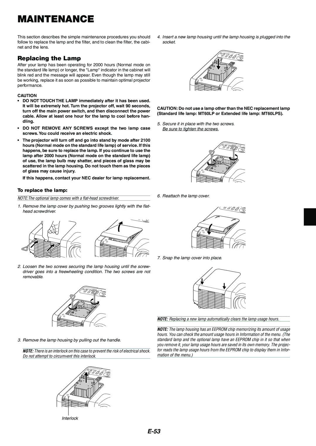 NEC MT1065/MT1060 user manual Maintenance, Replacing the Lamp, To replace the lamp 