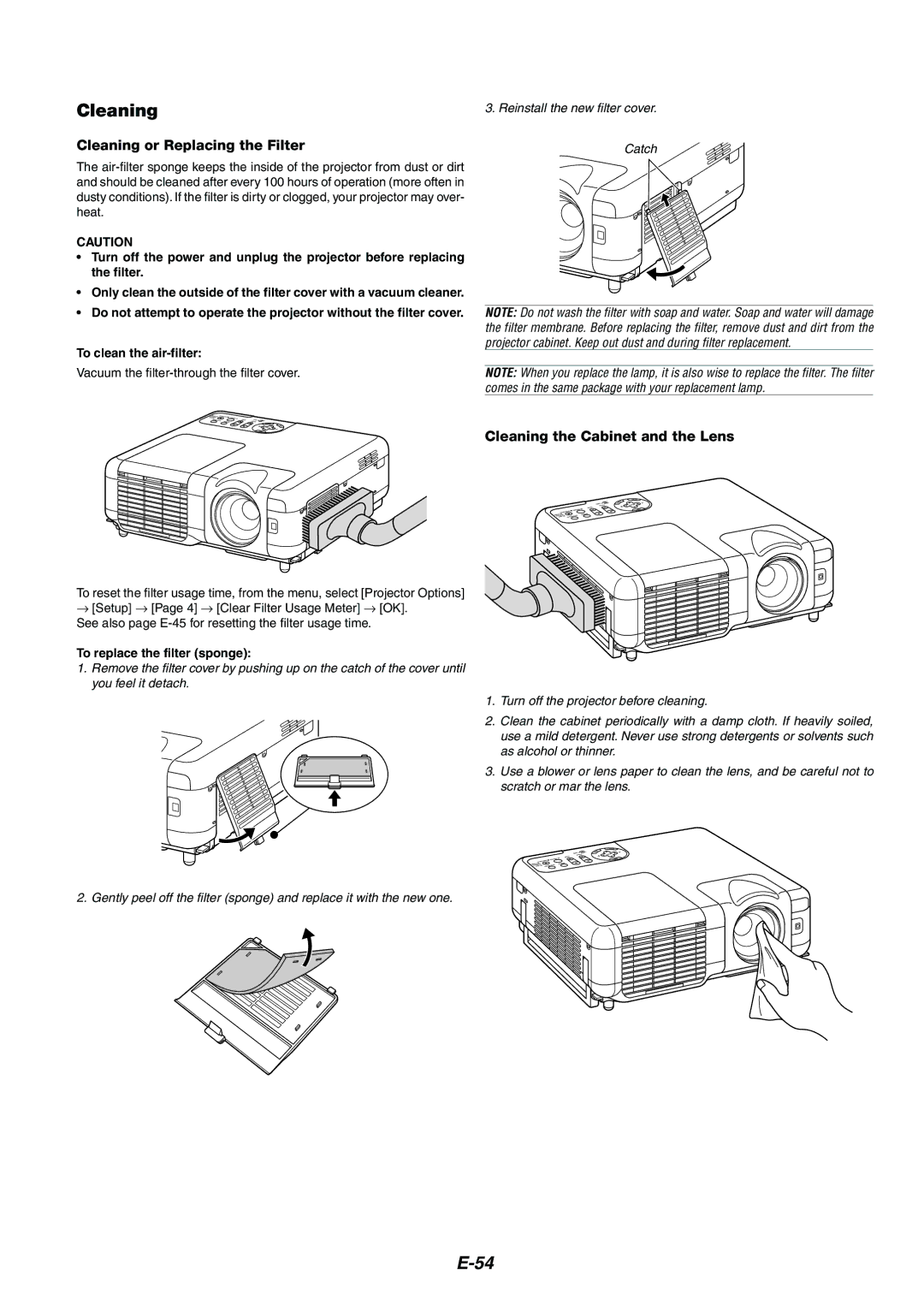 NEC MT1065/MT1060 Cleaning or Replacing the Filter, Cleaning the Cabinet and the Lens, To replace the filter sponge 