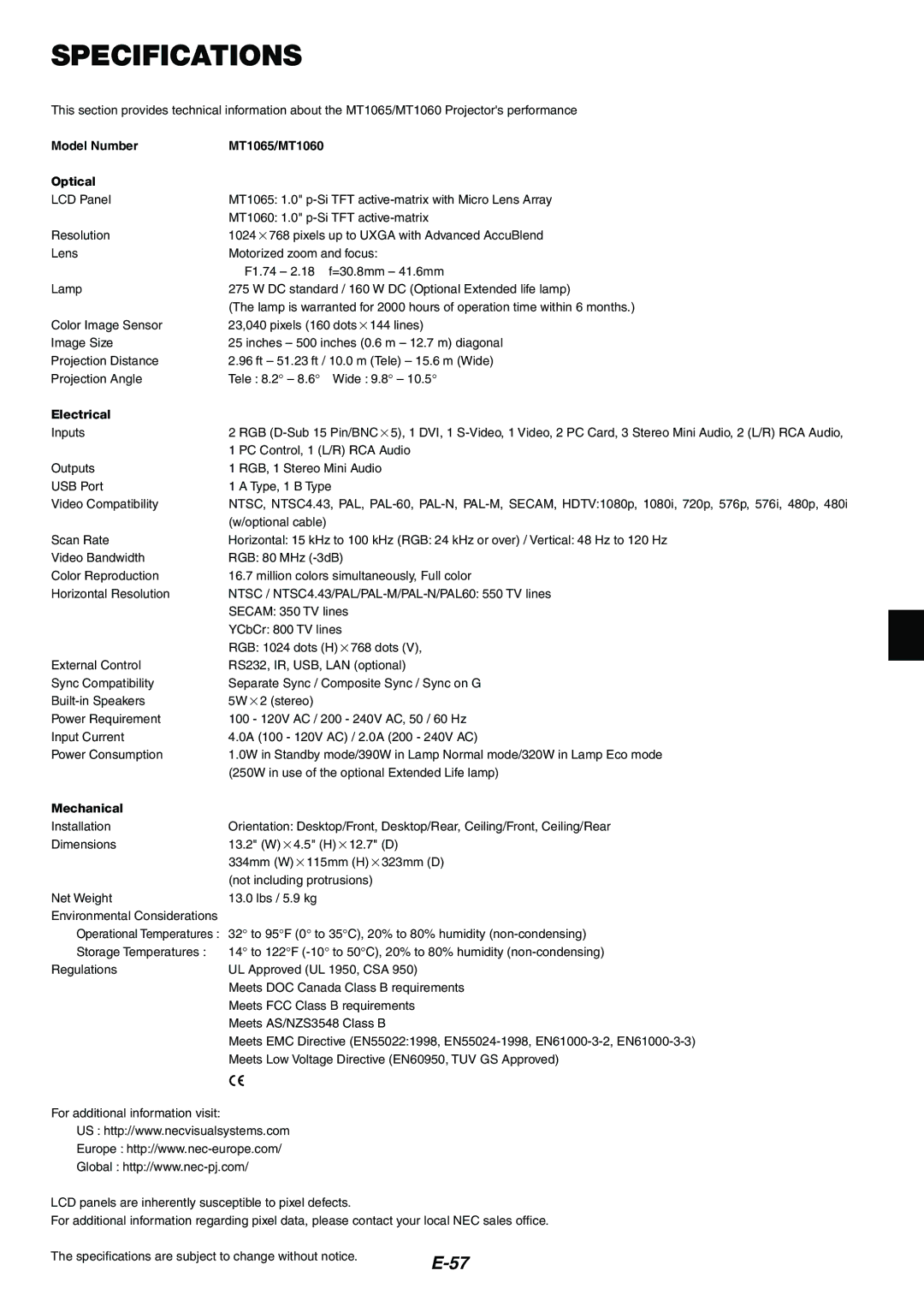 NEC user manual Specifications, Model Number MT1065/MT1060 Optical 