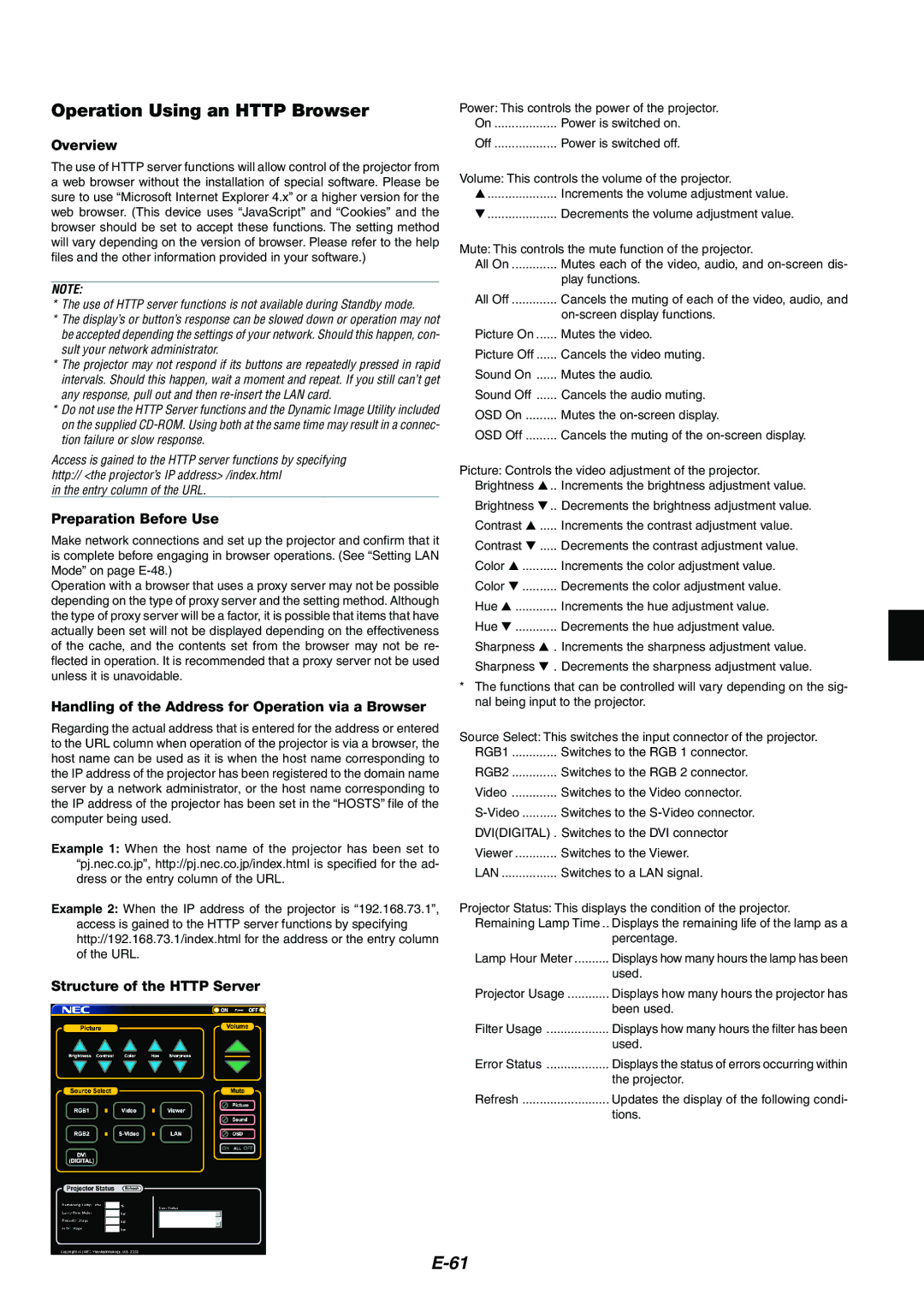 NEC MT1065/MT1060 Operation Using an Http Browser, Overview, Preparation Before Use, Structure of the Http Server 