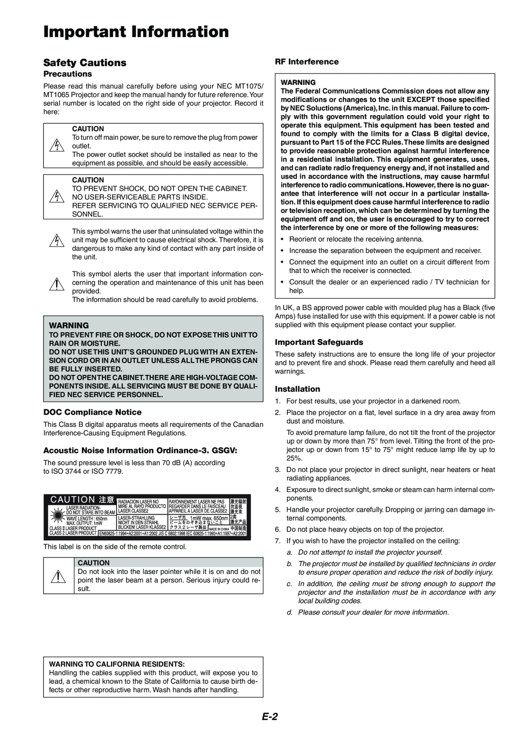 NEC MT1075/MT1065 user manual Important Information, Safety Cautions, Precautions, DOC Compliance Notice, RF Interference 